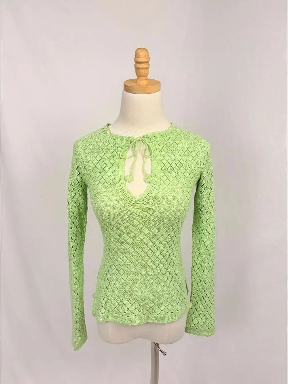 Vintage Banana Republic Lime Green Cotton Open Knit Tie-Neck Top XS Small
